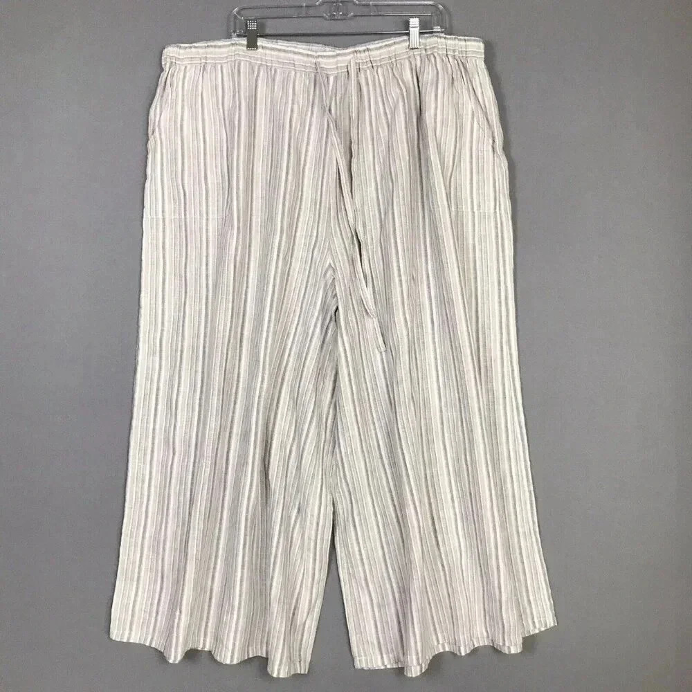 Vivid 100% Linen Wide Leg Pants Women Size 4X Pockets Drawstring Elastic Waist